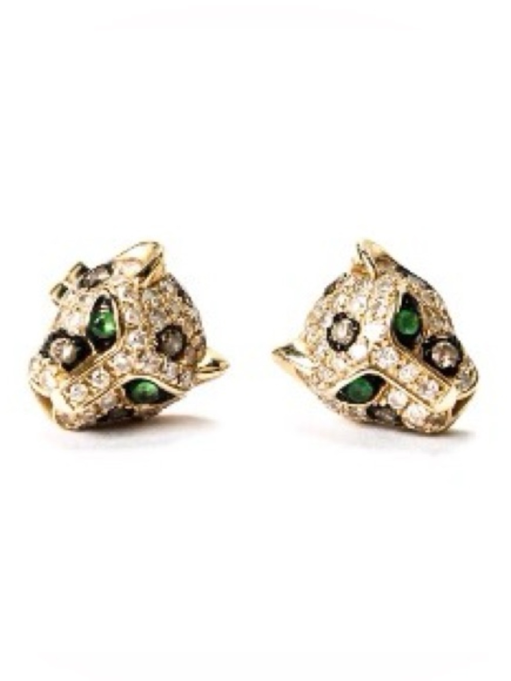 Effy 14K Yellow Gold Panther pave’ Diamond Earrings with Tsavorite Green Eyes